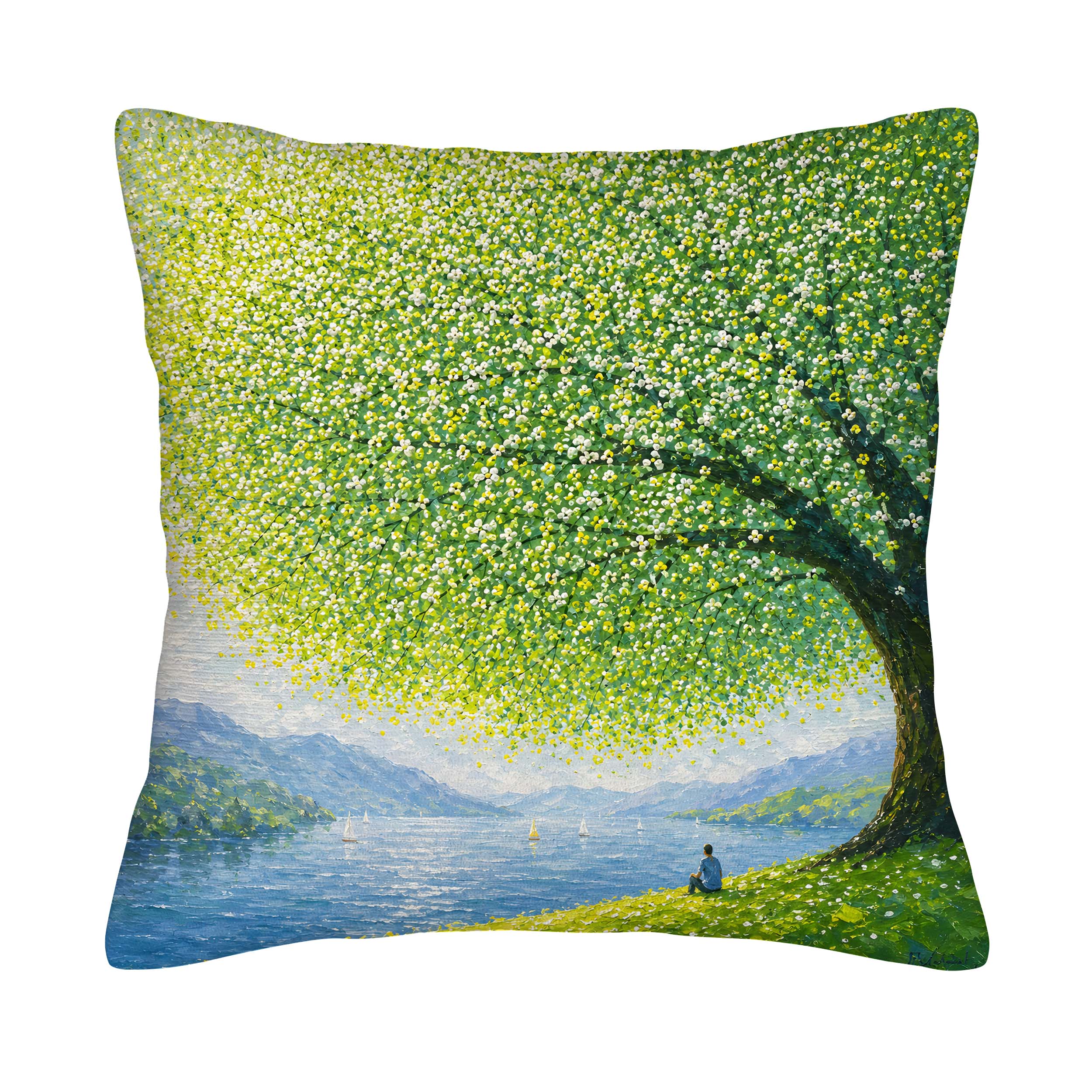 An oil painting style green tree and lakeside scenic printed throw pillow cover isolated on white background.