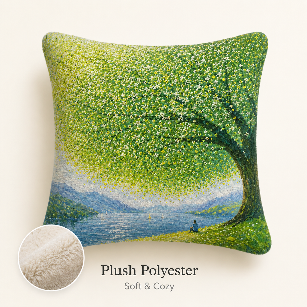 A decorative landscape artwork pillow cover featuring soft and cozy plush polyester material details.