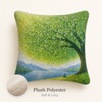 A decorative landscape artwork pillow cover featuring soft and cozy plush polyester material details.