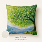 Close-up of a tree and lake art print pillow cover showing 100% polyester fabric texture.