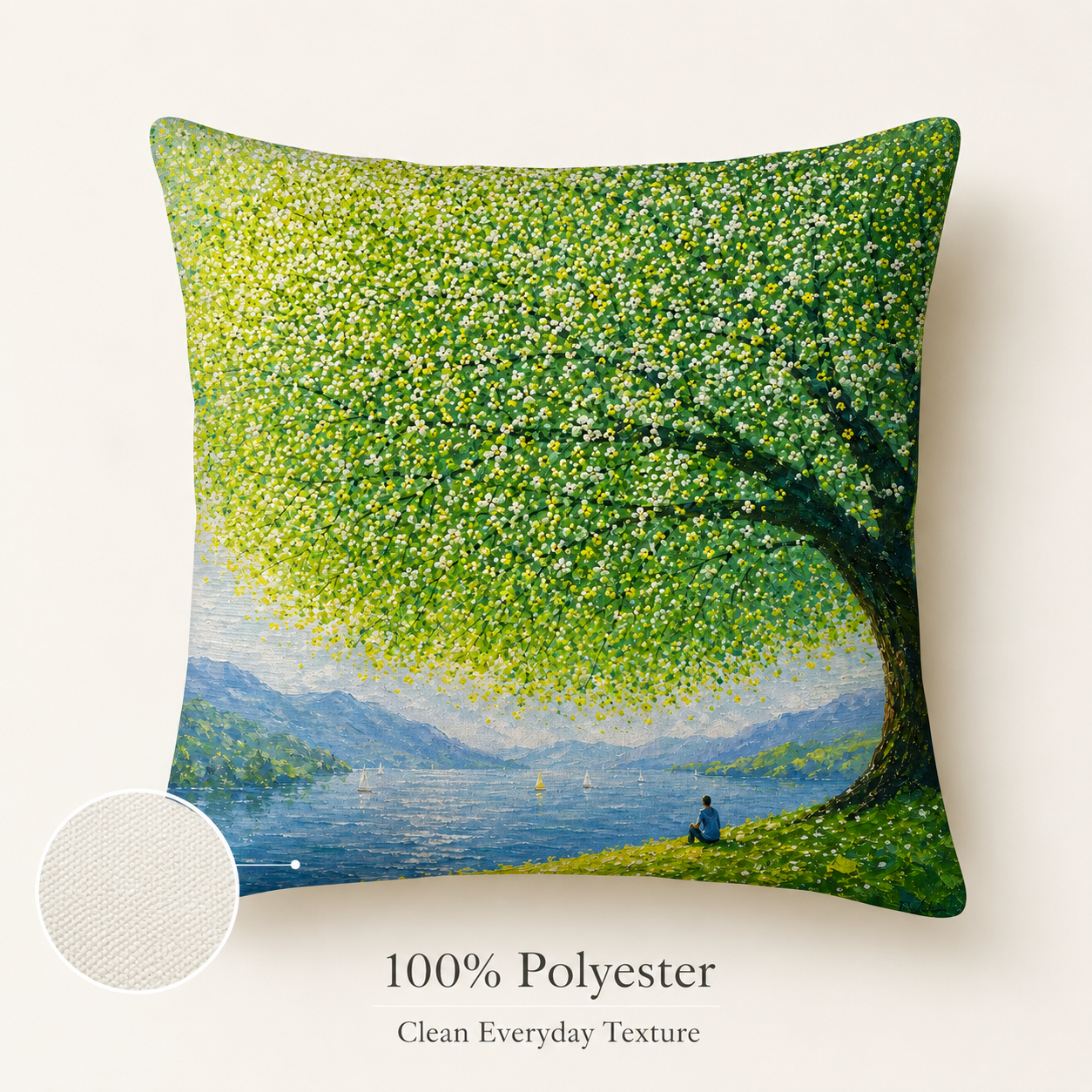 Close-up of a tree and lake art print pillow cover showing 100% polyester fabric texture.