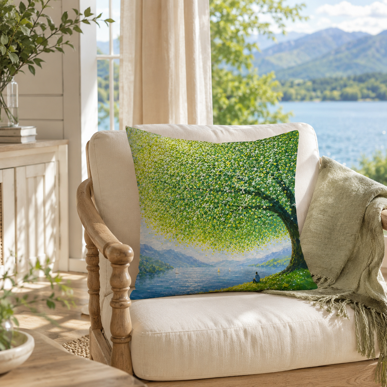 An oil painting tree and lake throw pillow cover arranged on a white armchair in a living room.