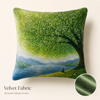 Close-up of a scenic tree and lake printed pillow cover made of smooth green velvet fabric.