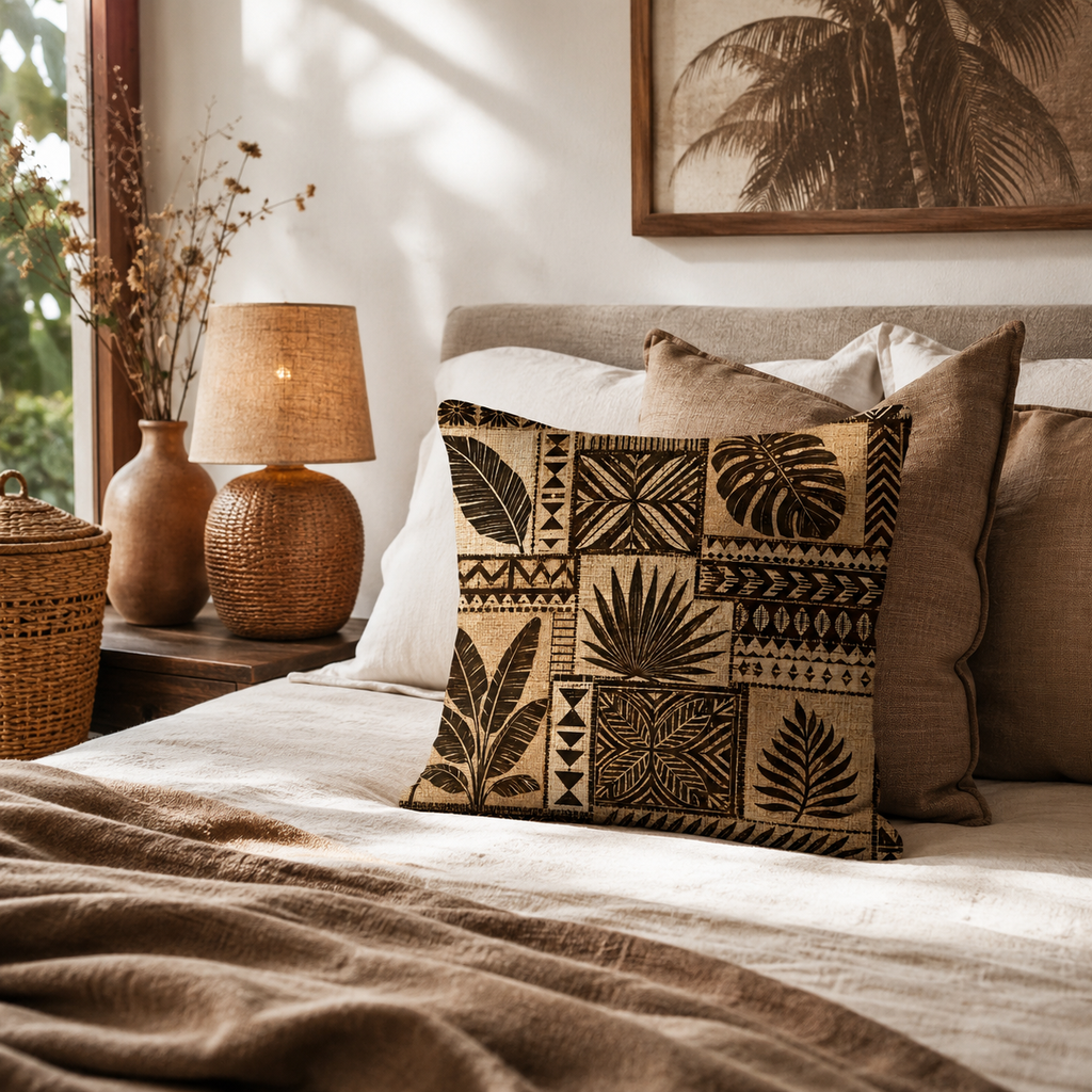 Earthy tones tribal leaf print pillow cover decorating a beautifully styled, warm neutral bedroom.
