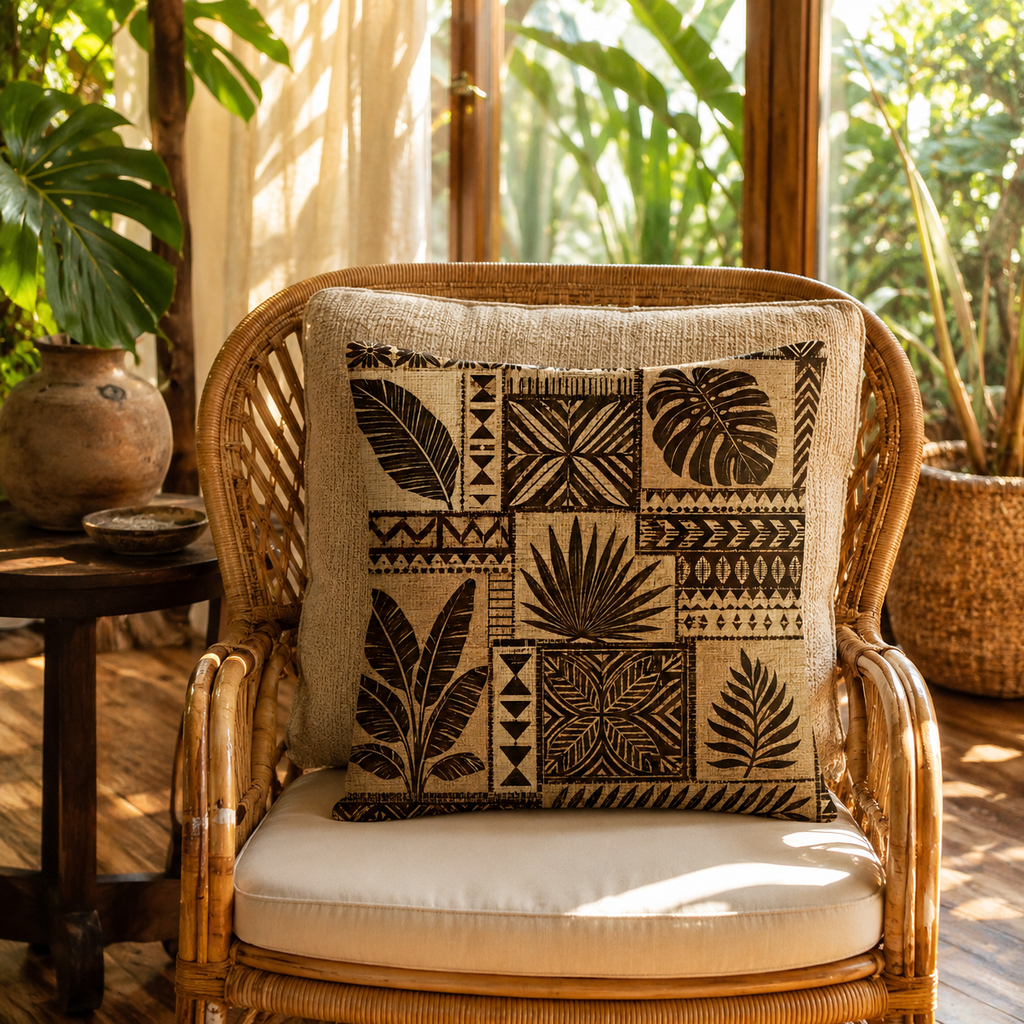 Bohemian style throw pillow cover with brown tropical leaf patterns resting on a rattan armchair.