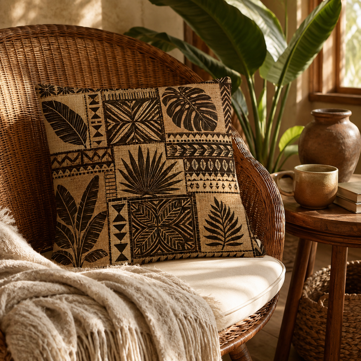 Close-up of a decorative geometric and botanical cushion cover on a comfortable wicker chair.