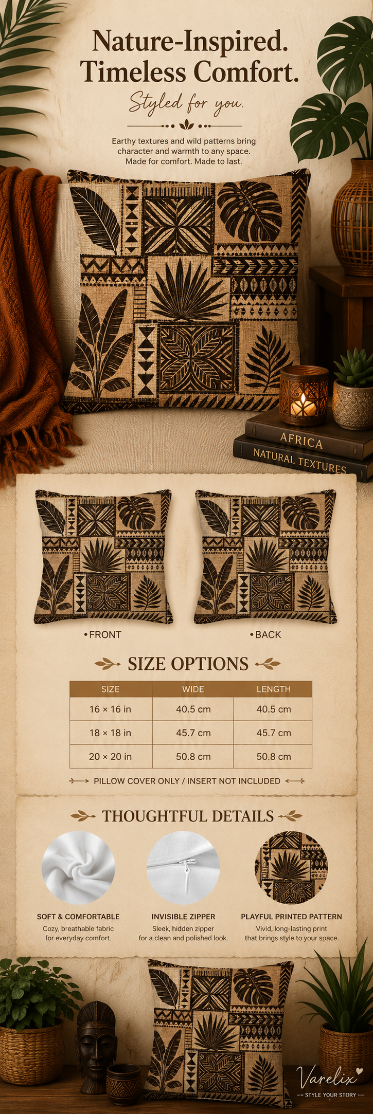 Product infographic highlighting the size guide, fabric quality, and invisible zipper of the botanical pillow cover.