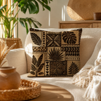 A rustic tribal botanical print pillow cover displayed on a cozy living room couch with indoor plants.