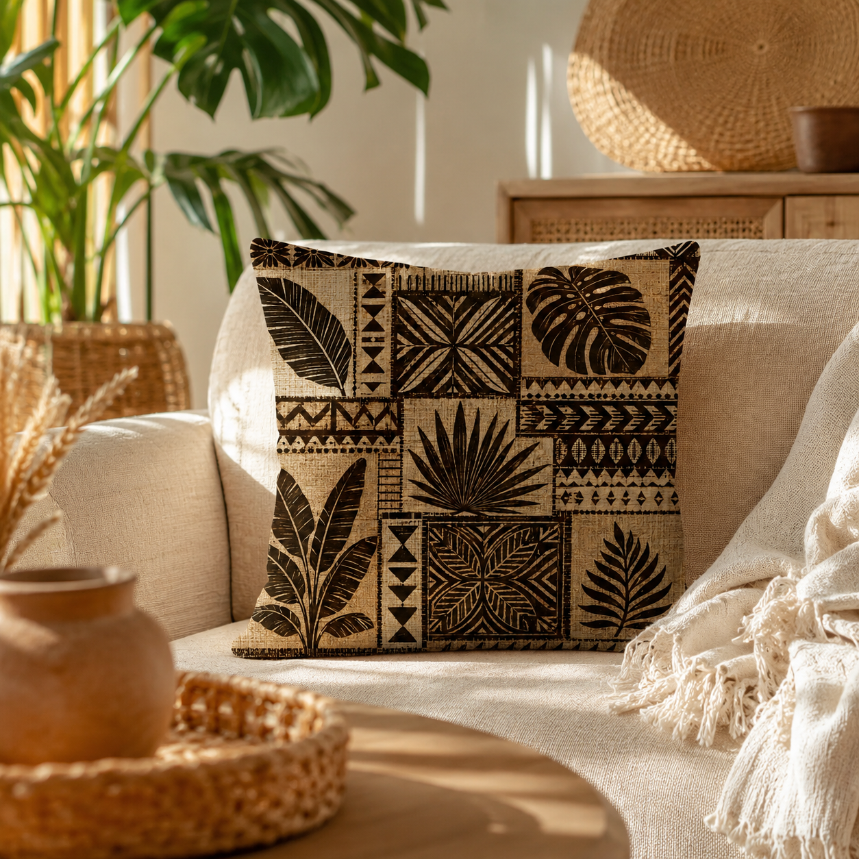 A rustic tribal botanical print pillow cover displayed on a cozy living room couch with indoor plants.