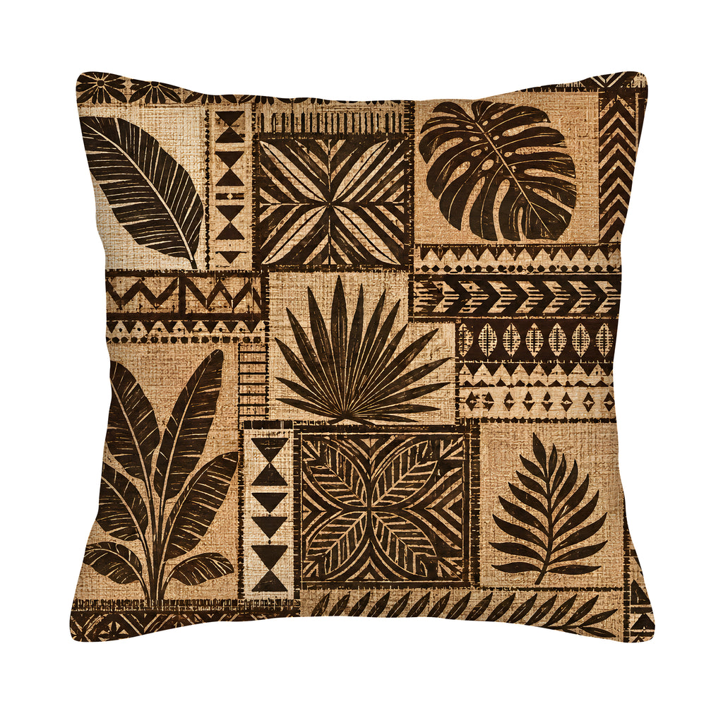 Square tribal patch design pillow cover with abstract tropical monstera and palm leaves on a white background.