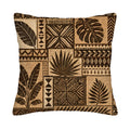 Square tribal patch design pillow cover with abstract tropical monstera and palm leaves on a white background.