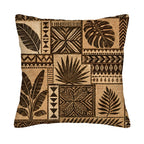 Square tribal patch design pillow cover with abstract tropical monstera and palm leaves on a white background.