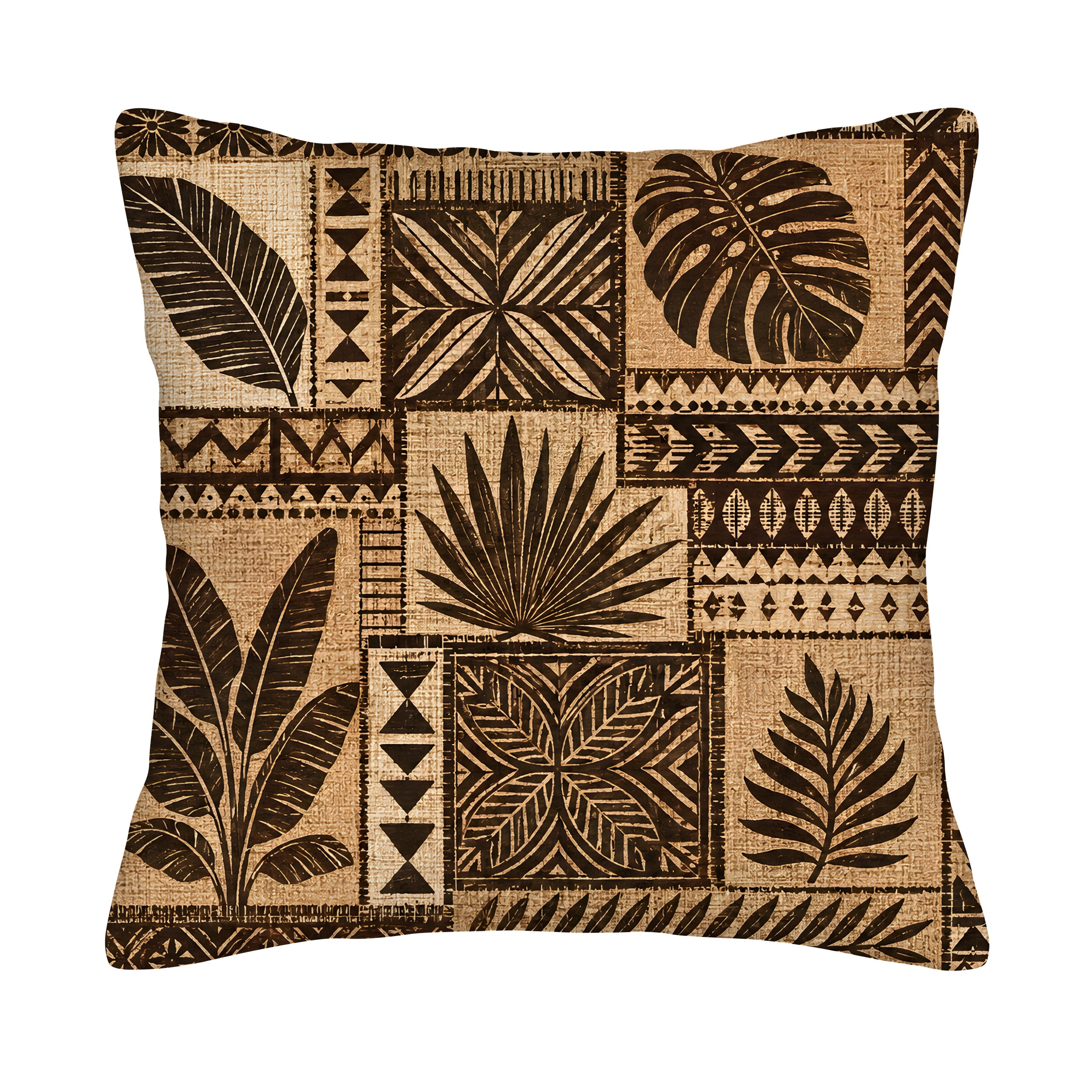 Square tribal patch design pillow cover with abstract tropical monstera and palm leaves on a white background.