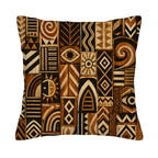 A square decorative throw pillow cover isolated on a pure white background, featuring a vintage African tribal print with geometric patterns, swirls, sun motifs, and eyes in rich earthy brown and beige tones.