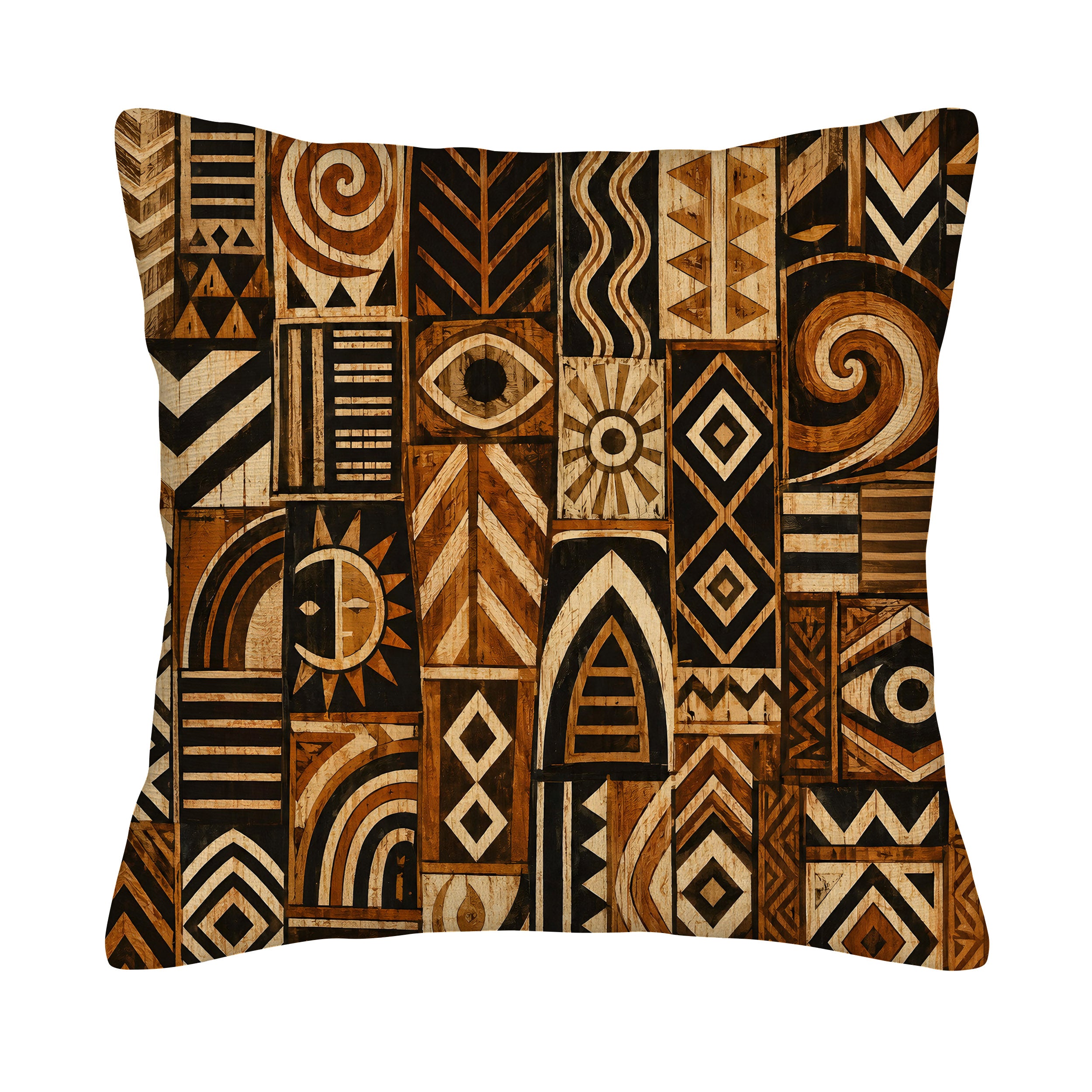 A square decorative throw pillow cover isolated on a pure white background, featuring a vintage African tribal print with geometric patterns, swirls, sun motifs, and eyes in rich earthy brown and beige tones.