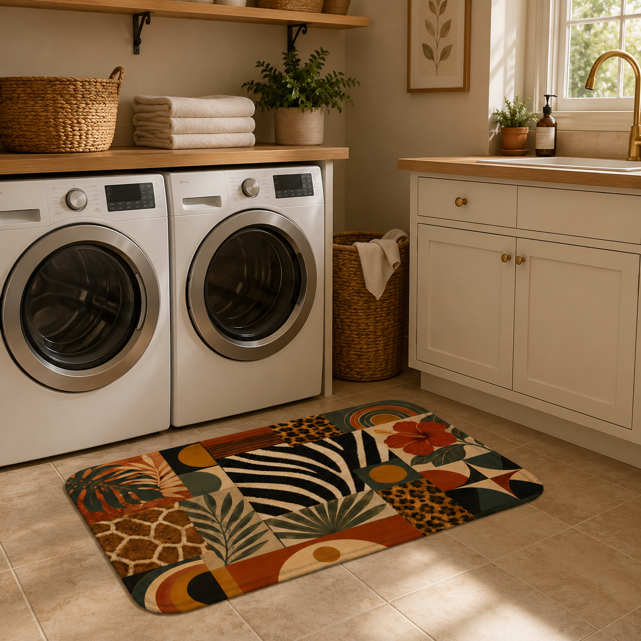 The botanical and safari patterned doormat laying flat on a tiled floor inside a bright laundry room setup.