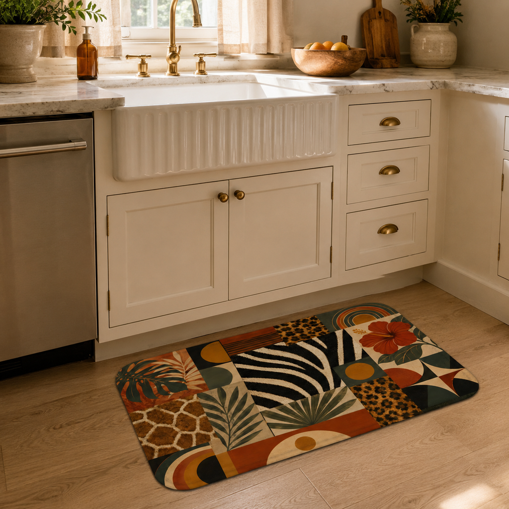 A close-up view of the tropical floral and animal print doormat positioned in front of a white kitchen sink.