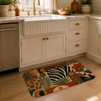A close-up view of the tropical floral and animal print doormat positioned in front of a white kitchen sink.