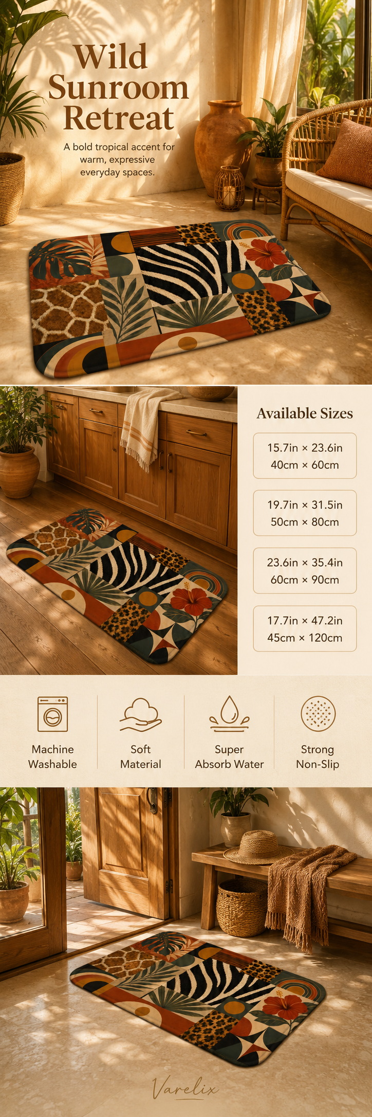 An infographic showing available sizes and key features of the non-slip, machine washable tropical animal print doormat.