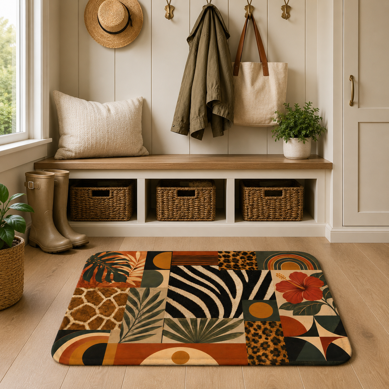 A decorative tropical animal print doormat styled on a light wooden floor in a cozy home entryway bench area.