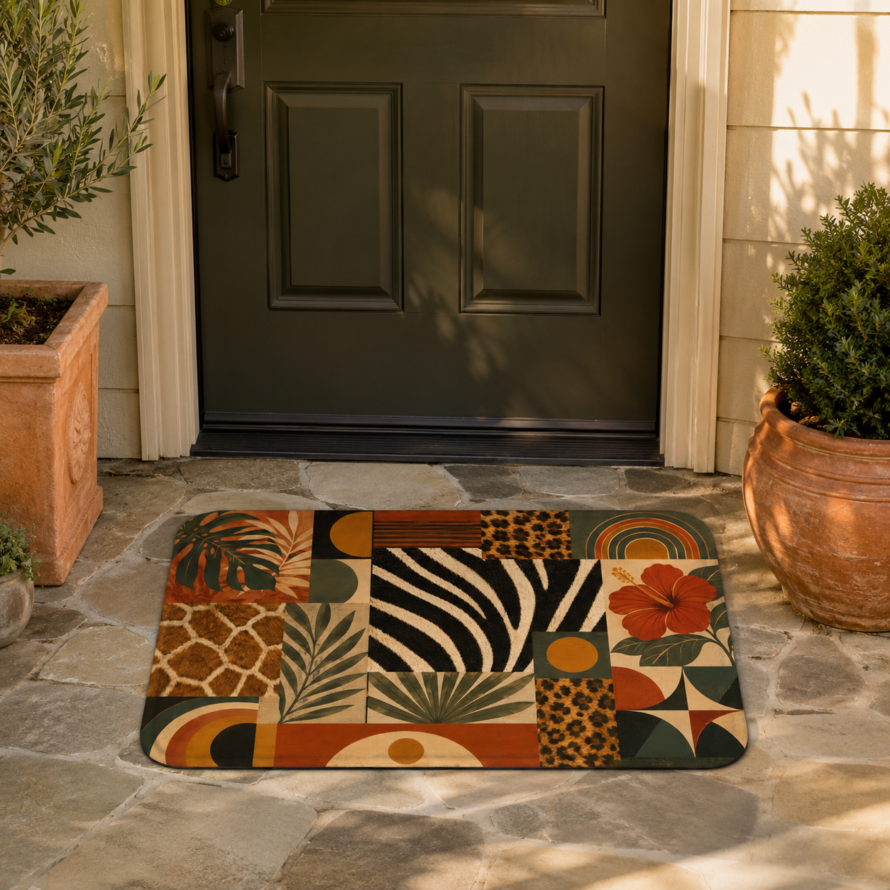 A colorful safari and botanical print doormat placed on a stone patio outside a dark green front door.