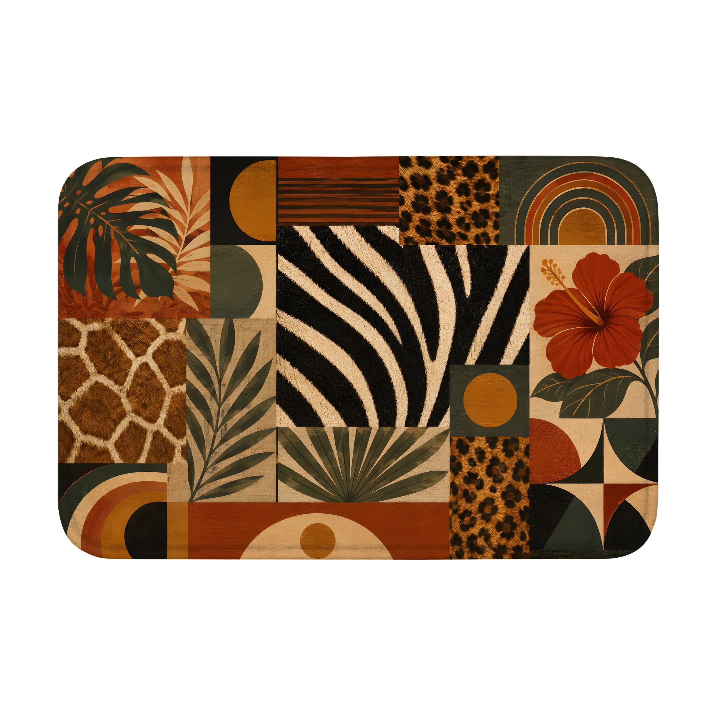 A multi-pattern doormat featuring tropical palm leaves, hibiscus flowers, and abstract safari animal prints like zebra and leopard.