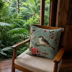 Tropical bird pillow cover displayed in a lush jungle-inspired retreat.