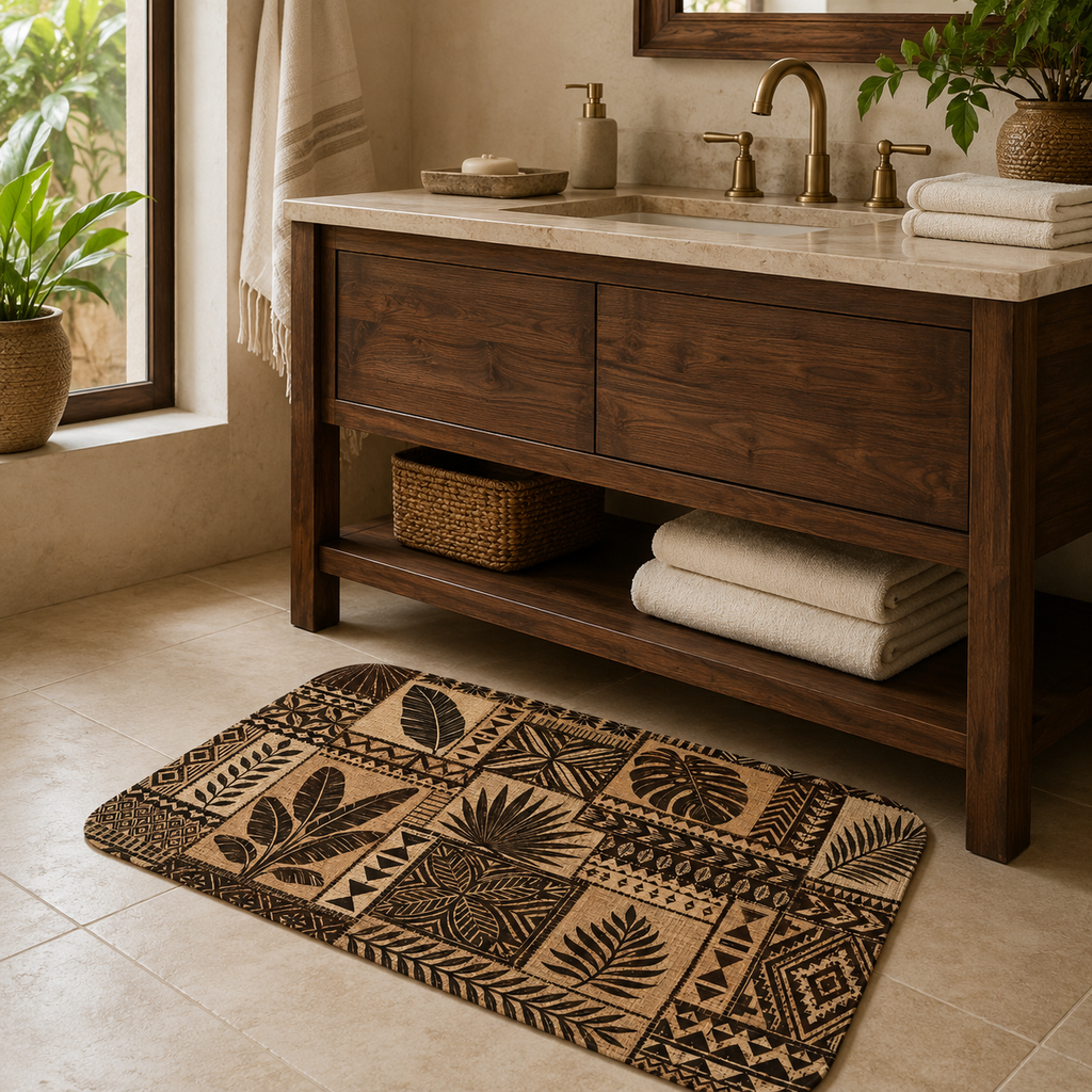 A rustic brown tropical botanical doormat placed on a tiled floor in front of a dark wood bathroom vanity.