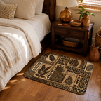 A brown botanical leaf pattern doormat on a light wood floor next to a cozy neutral-toned bed.