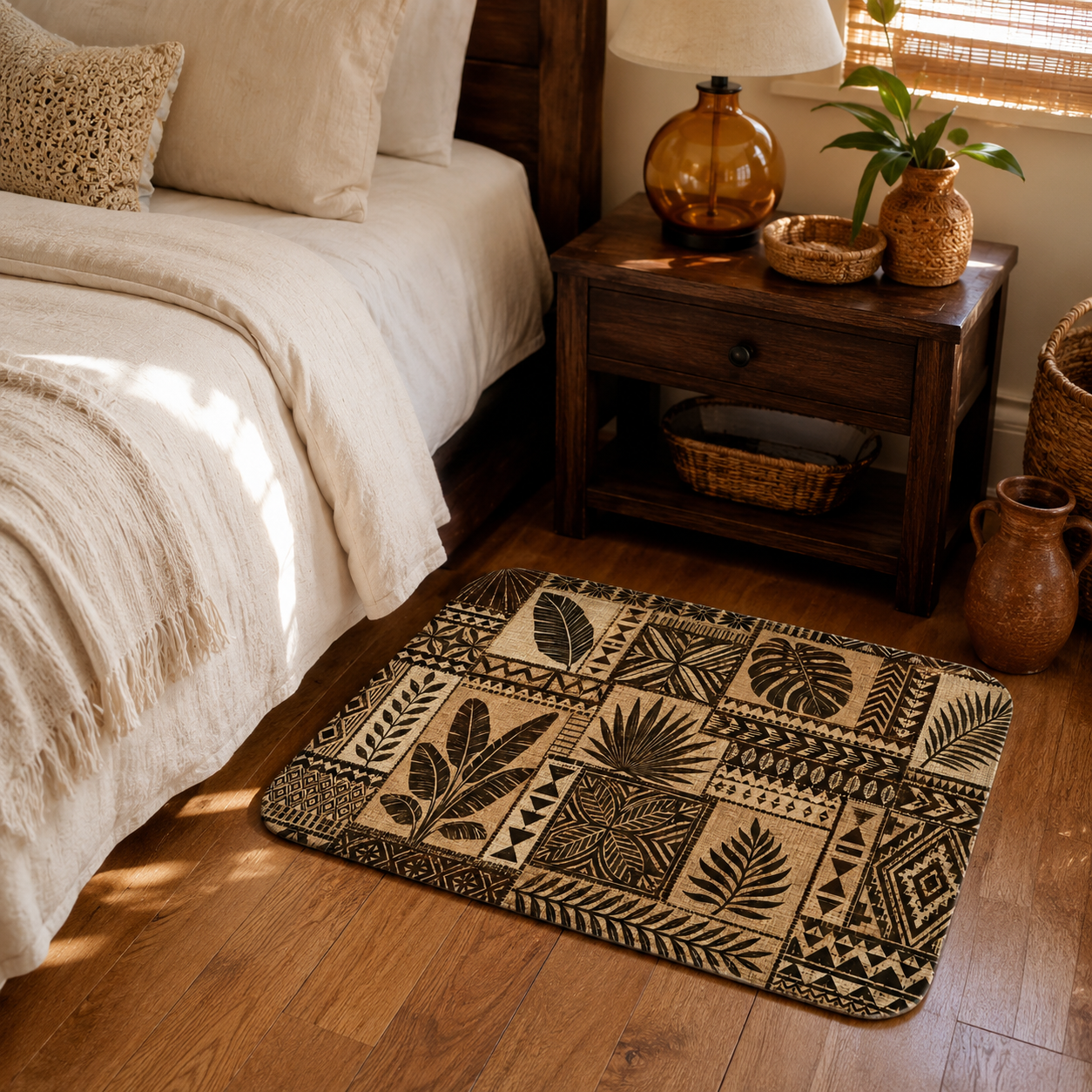 A brown botanical leaf pattern doormat on a light wood floor next to a cozy neutral-toned bed.