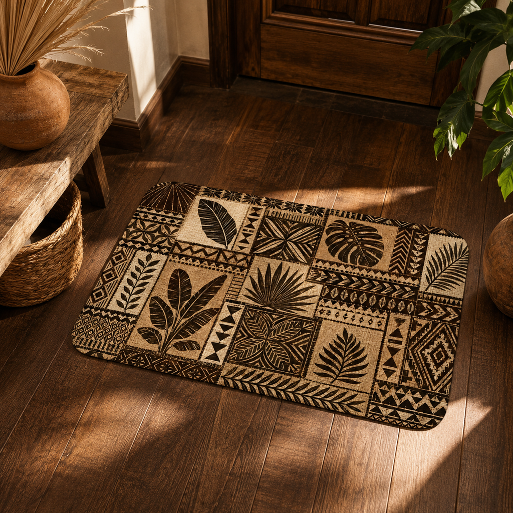 A bohemian tropical leaf patterned doormat styled on a rich hardwood floor by a wooden front door entry.
