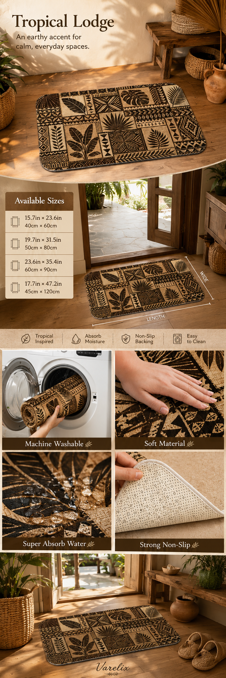 A product infographic details page displaying dimensions and features like machine washable for a tropical lodge doormat.