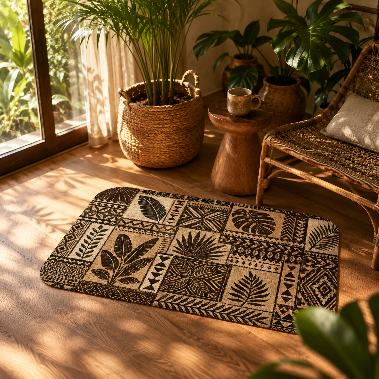 An earthy tropical print doormat accenting a sunlit indoor sitting area with wooden flooring and potted plants.