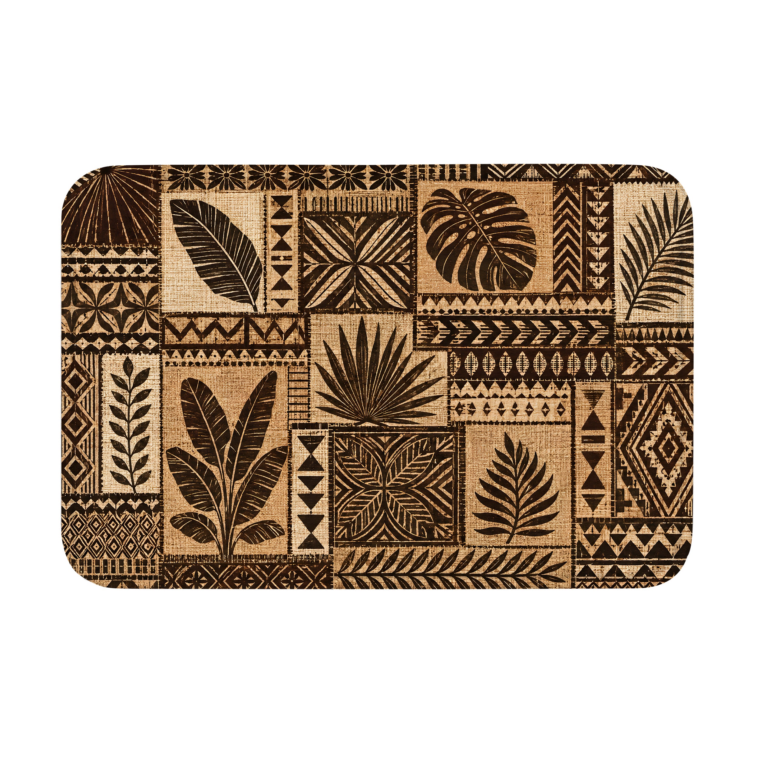 A rectangular doormat featuring a brown and beige tropical botanical leaf patchwork pattern on a solid white background.