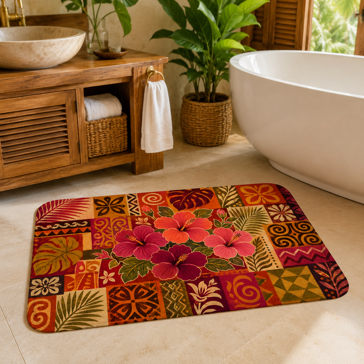 A colorful tropical hibiscus floral bath mat next to a modern white freestanding bathtub in a bathroom.