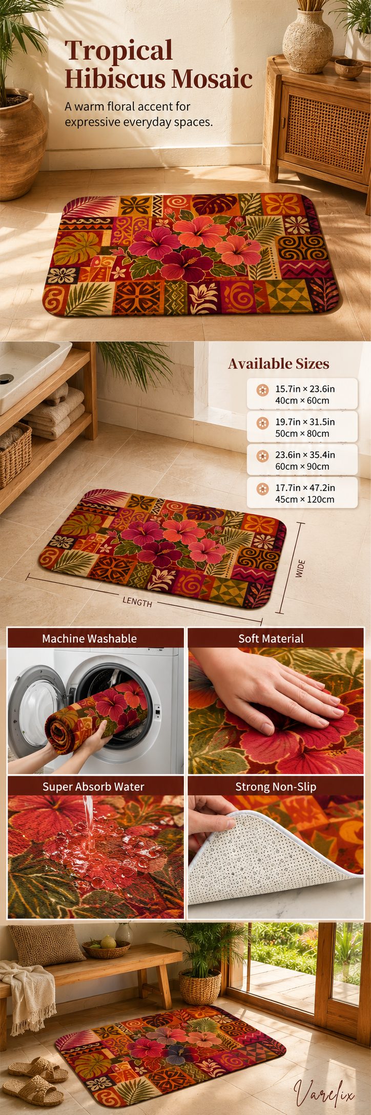 Product infographic for a tropical hibiscus doormat displaying size selections, machine washable care, and non-slip backing.