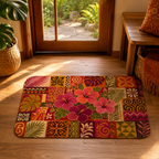 A colorful tropical hibiscus doormat styled at a wooden front entryway filled with natural sunlight.
