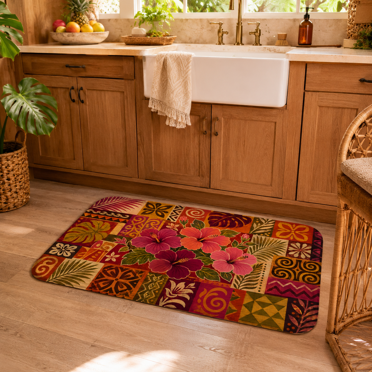 A tropical floral mosaic kitchen doormat placed on light wooden floors under a farmhouse style sink.