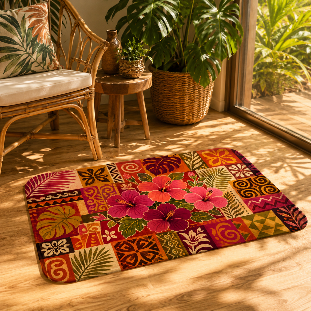 A vibrant bohemian tropical doormat on wood flooring in a cozy sunlit room with rattan furniture.