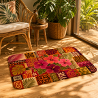 A vibrant bohemian tropical doormat on wood flooring in a cozy sunlit room with rattan furniture.