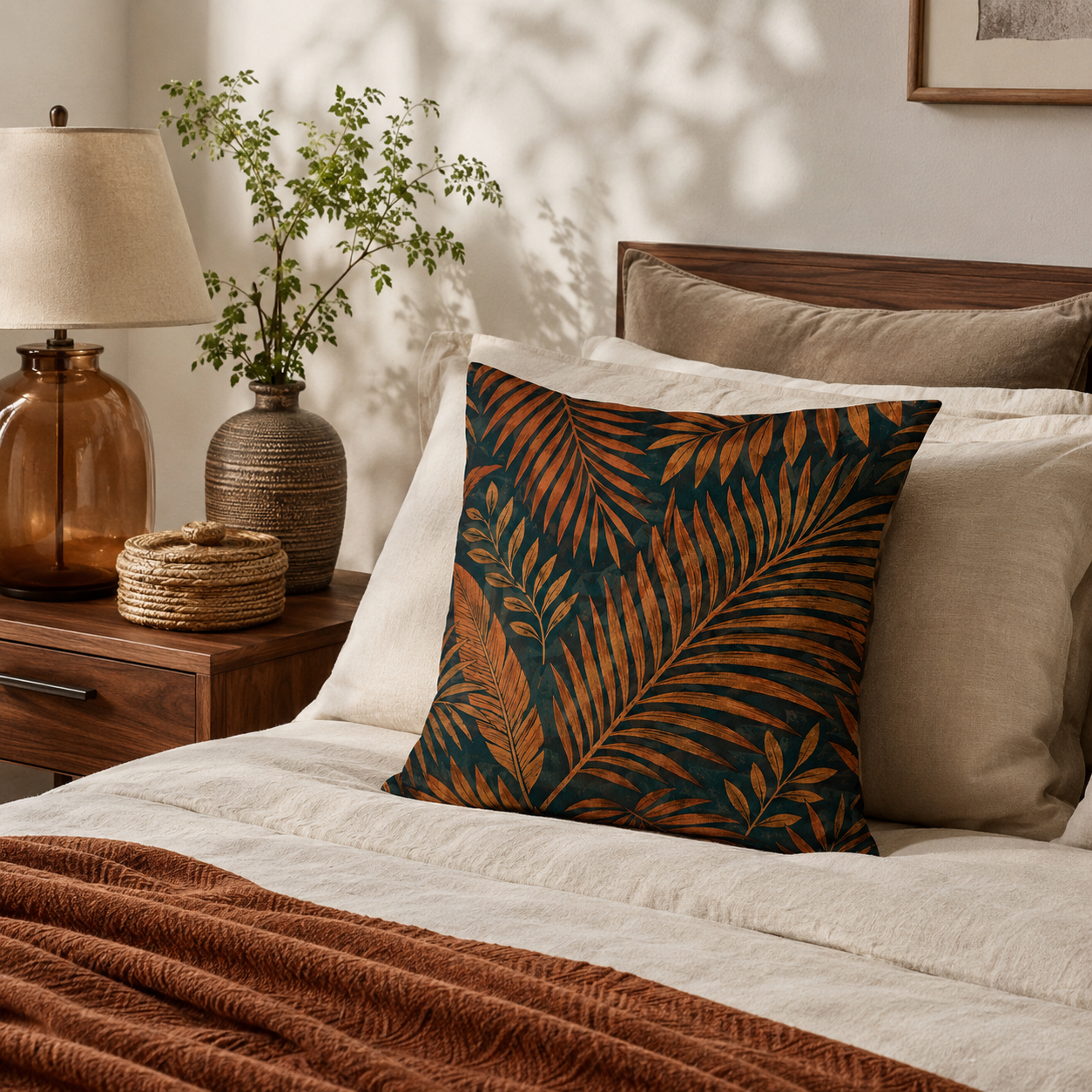 Botanical palm leaf print pillow cover arranged on a bed in a rustic bedroom.