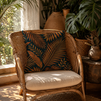 Tropical palm leaf decorative pillow cover on a vintage rattan armchair by the window.