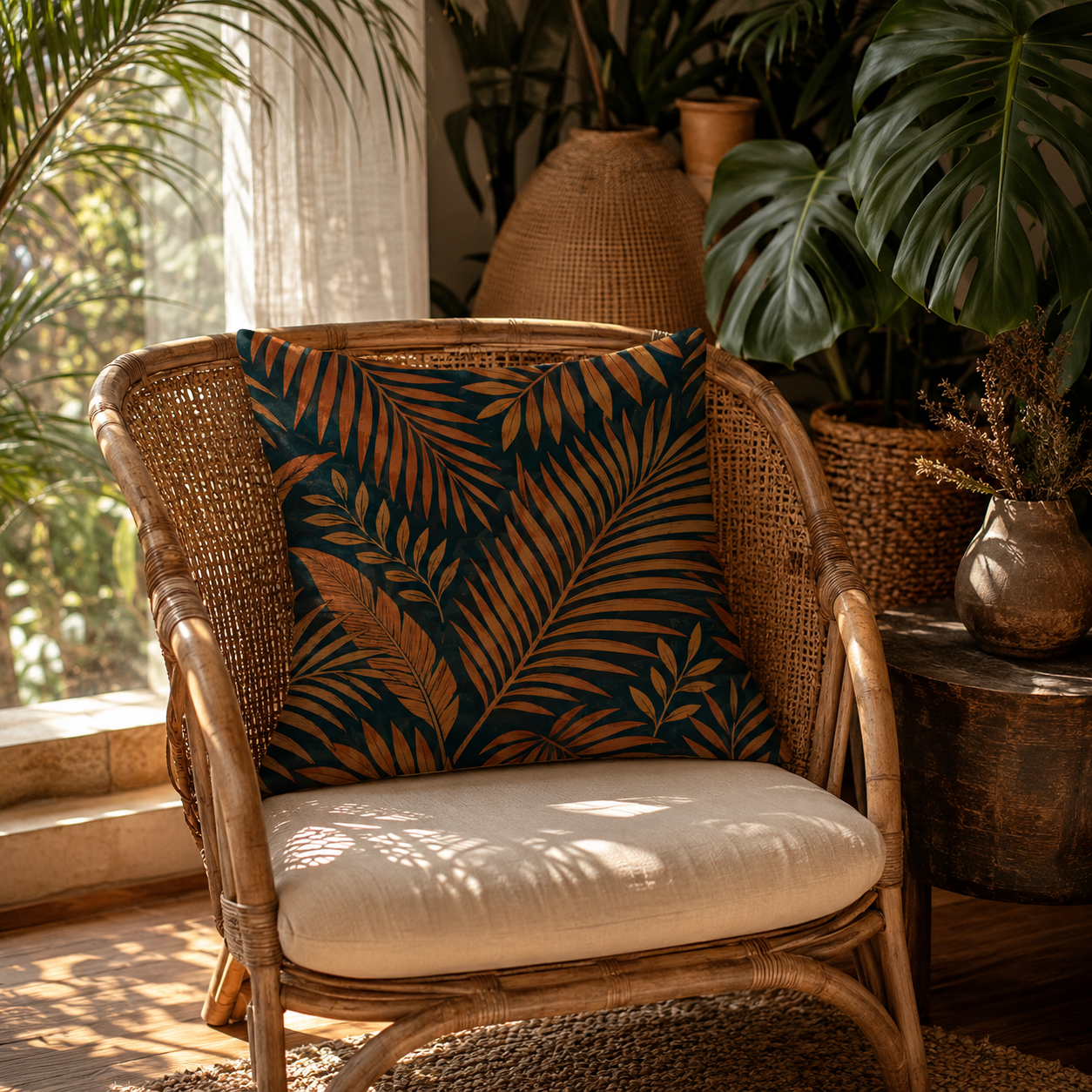 Tropical palm leaf decorative pillow cover on a vintage rattan armchair by the window.