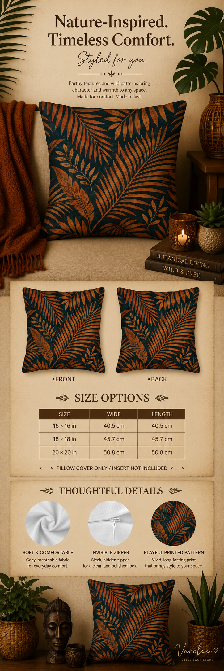 Infographic showing size options and fabric details for the tropical palm leaf pillow cover.