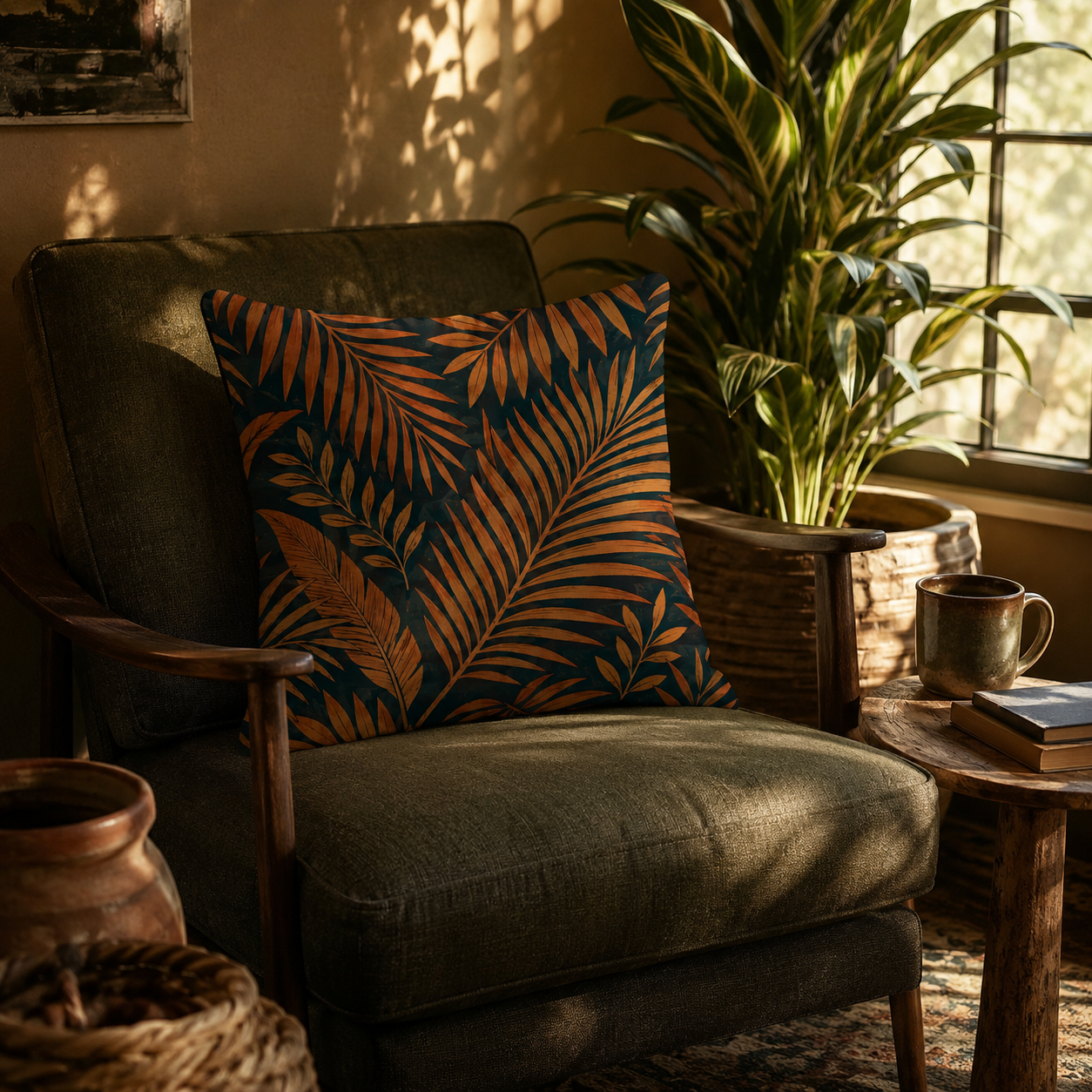 Dark tropical palm leaf pillow cover on an armchair in a warmly lit cozy room.