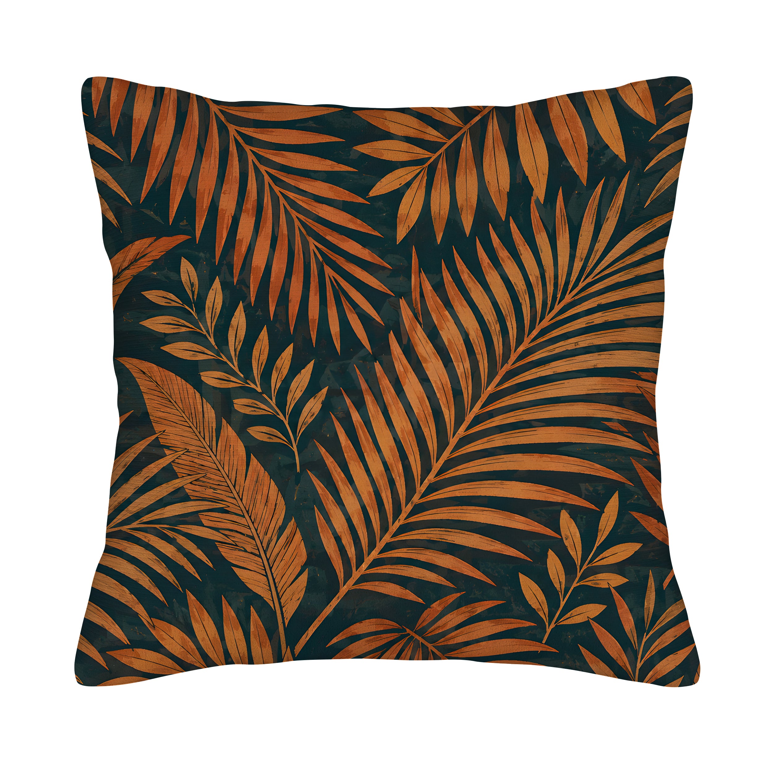 Square tropical palm leaf pattern pillow cover with a dark background isolated on white.