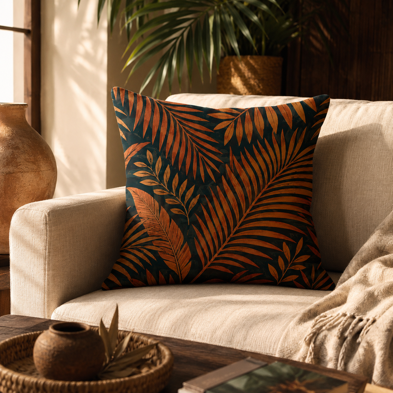 Tropical palm leaf pattern pillow cover styled on a cozy living room sofa.