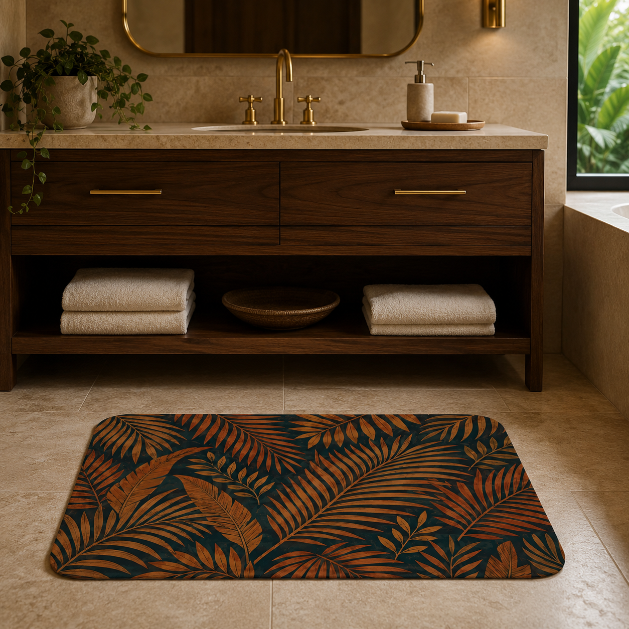 Tropical palm leaves bath mat placed in front of a modern wooden bathroom vanity.