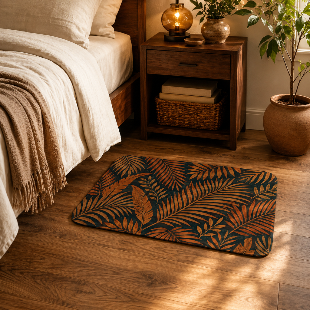 Tropical palm leaves small rug placed beside a cozy bed on a wooden floor.