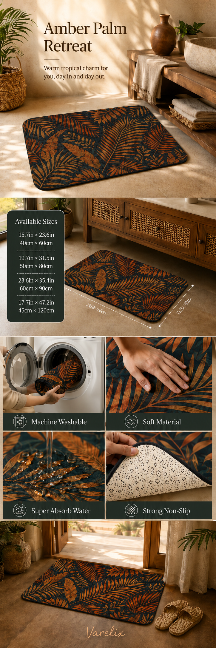 Infographic showing features of the tropical palm leaves doormat, including sizes, machine washable, and non-slip backing.